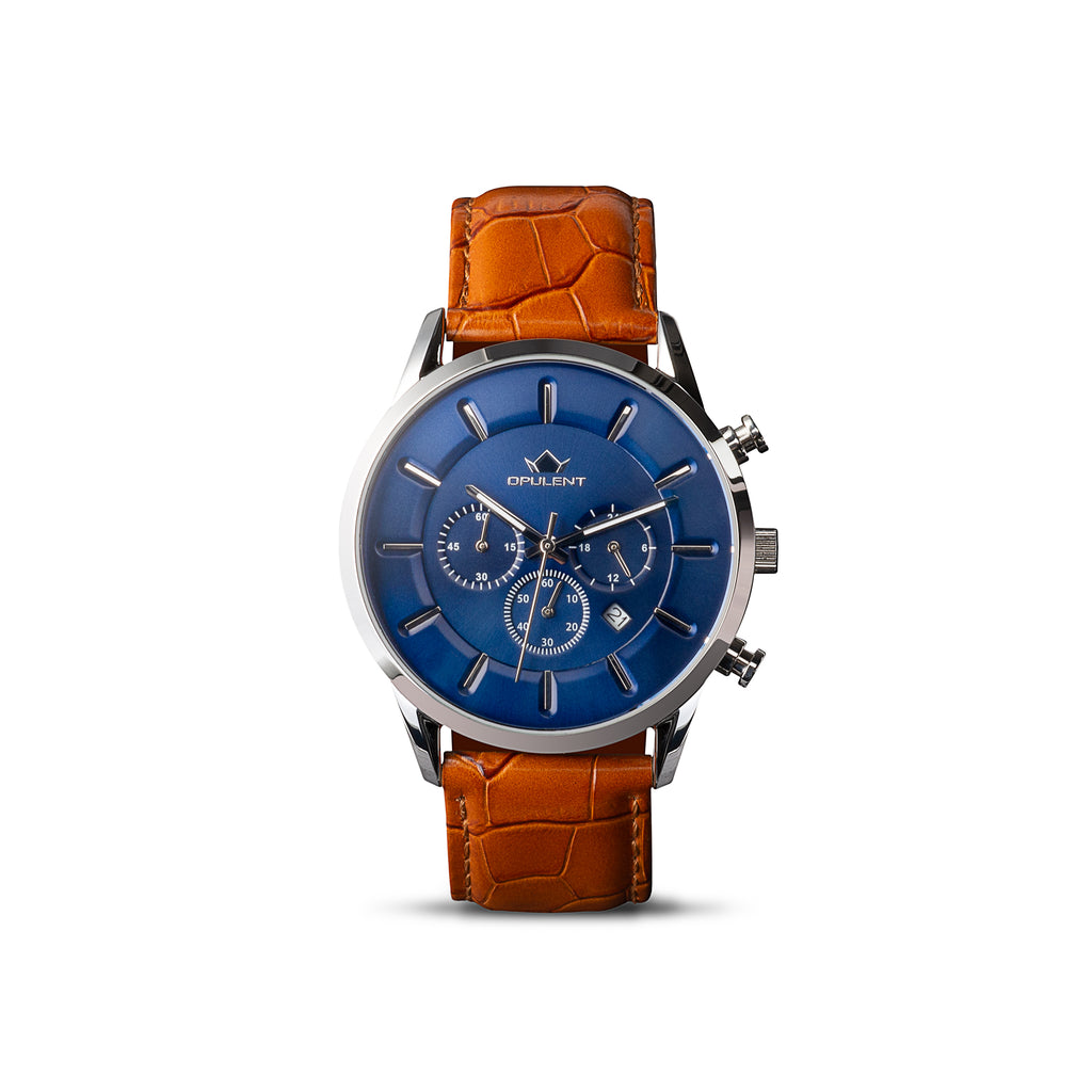 front view of wrist watch with blue face and steel body and tan leather strap